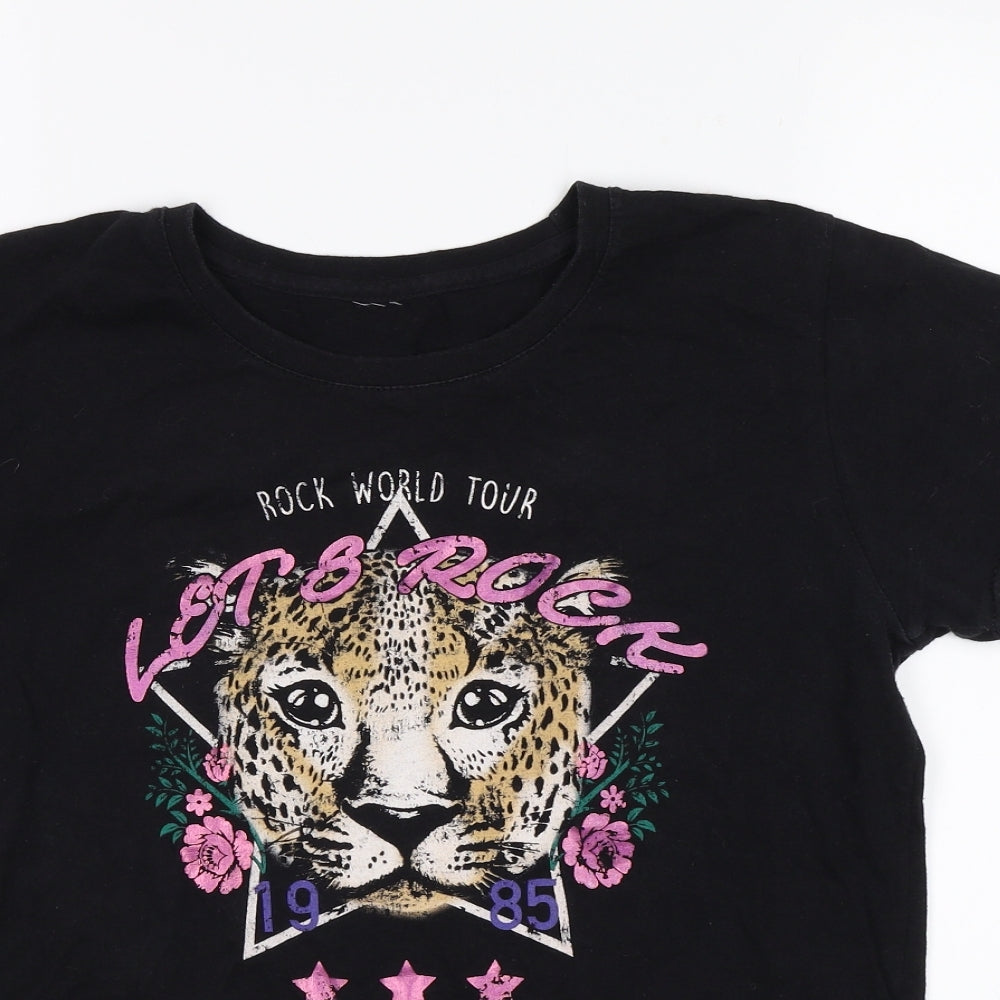 Preworn Girls Black   Basic T-Shirt Size 13-14 Years  - Cheetah