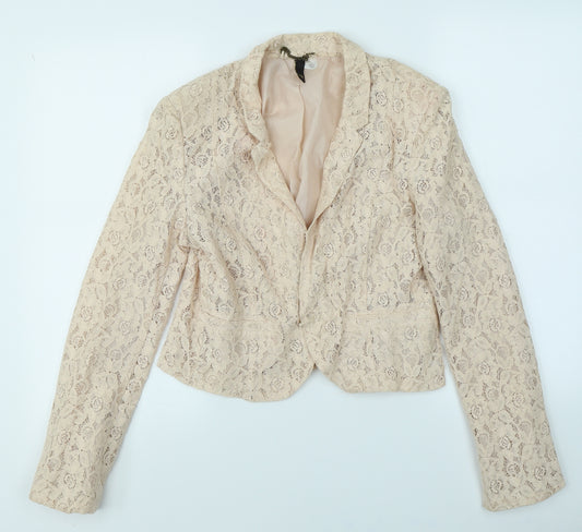 Front view of Divided women’s pink floral lace jacket blazer, size UK 12