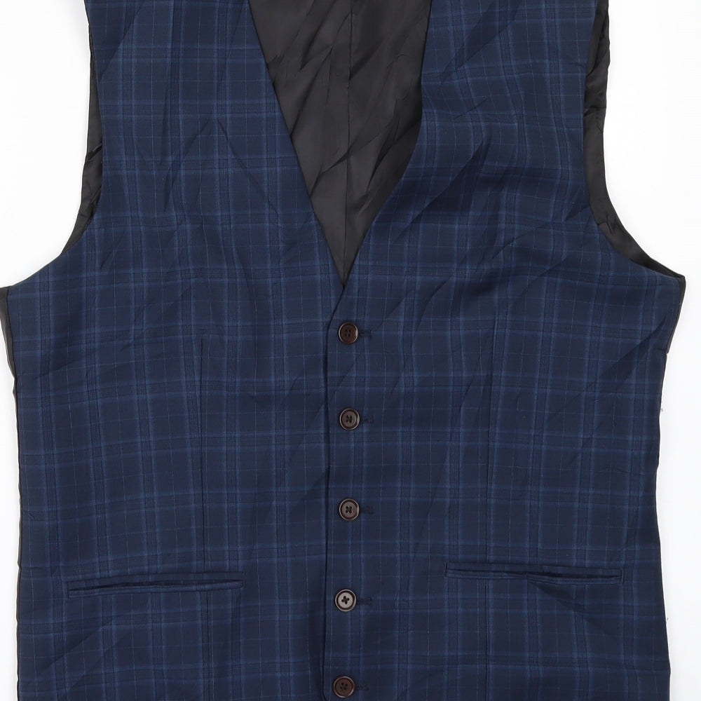 Preworn Mens Blue Check  Jacket Suit Waistcoat Size 36