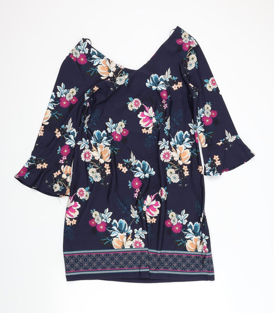 Front view of F&F women’s blue floral a-line, size UK 12, - frill sleeves