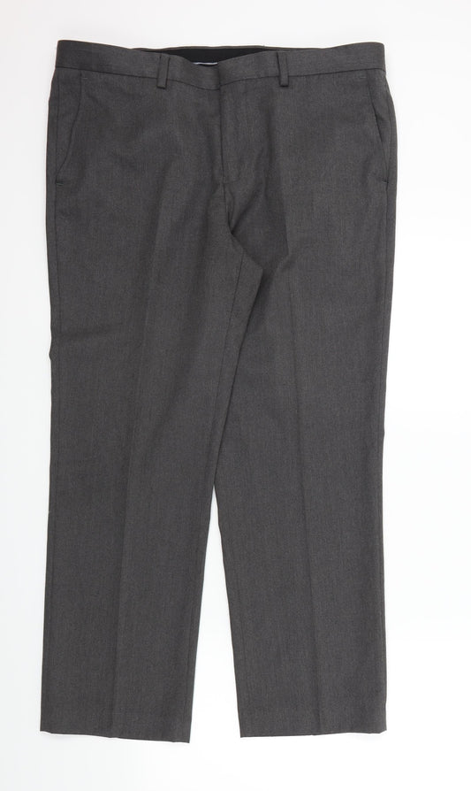 Front view of BURTONS men’s grey trousers, size 38, in, 28-inch leg