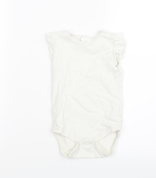 Front view of Next girls’ white polka dot babygrow one-piece, size 18-24, months