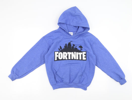 Front view of Gildan boys’ blue pullover hoodie, size M, - fortnite
