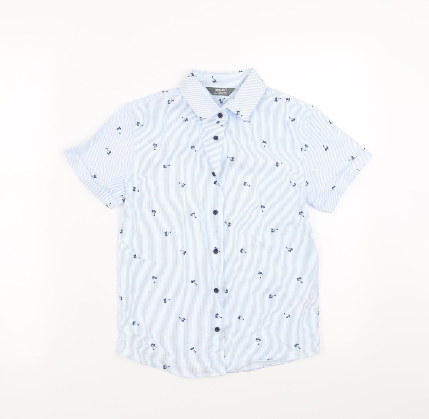 Primark Boys Blue Striped  Basic Button-Up Size 7-8 Years  - palm trees