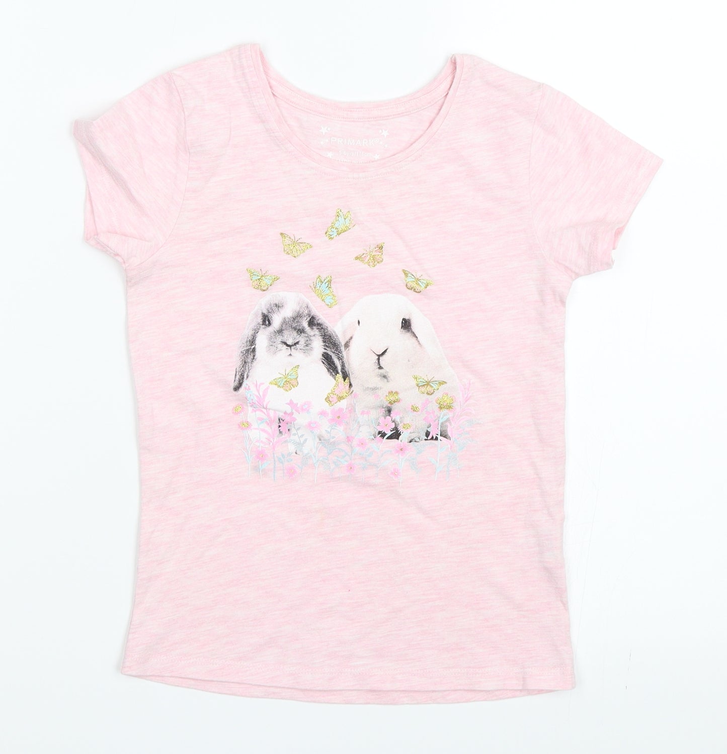 Primark Girls Pink   Basic T-Shirt Size 5-6 Years  - rabbit