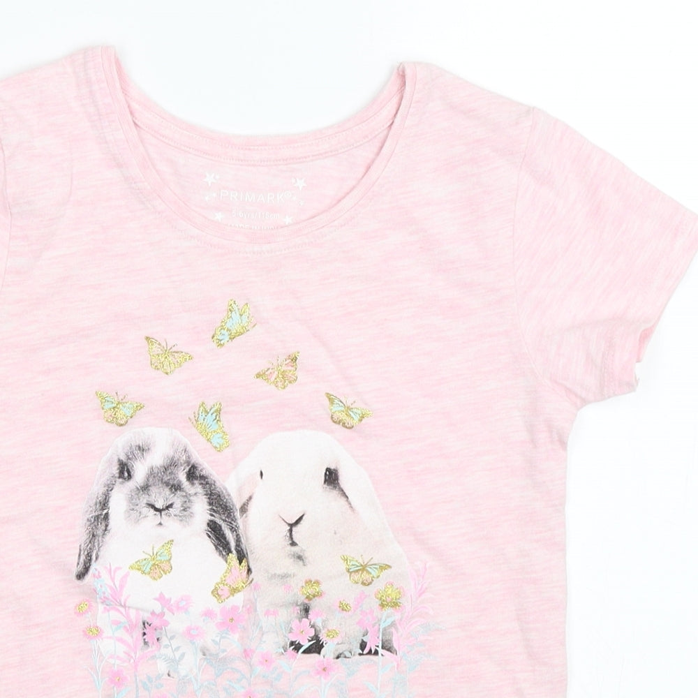 Primark Girls Pink   Basic T-Shirt Size 5-6 Years  - rabbit