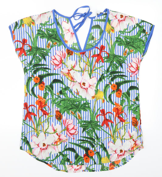Front view of Pep&Co women’s multicoloured floral basic blouse, size UK 12, - blue stripes