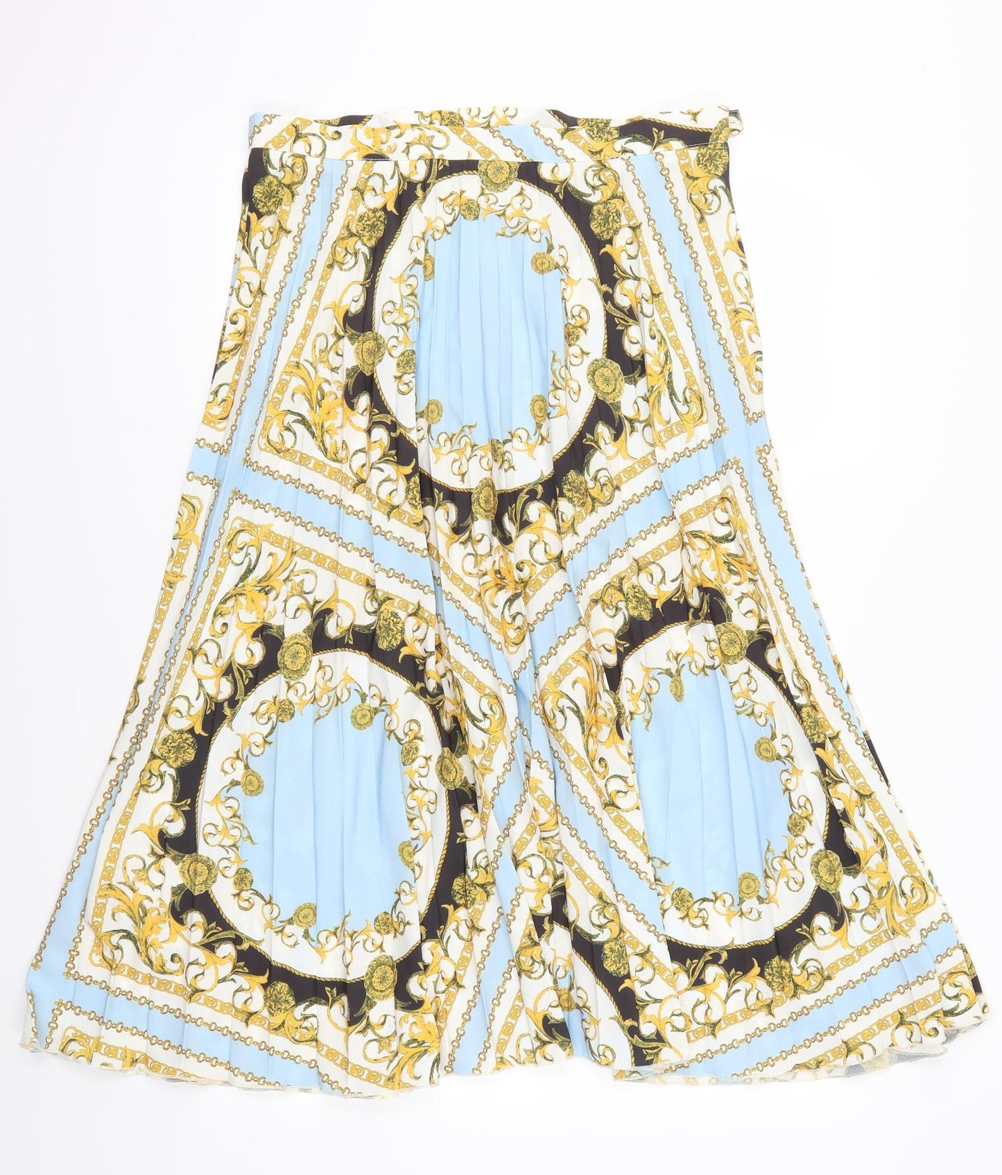 F&F Womens Blue Geometric  Pleated Skirt Size 16  - Gold Circle and Chain Print