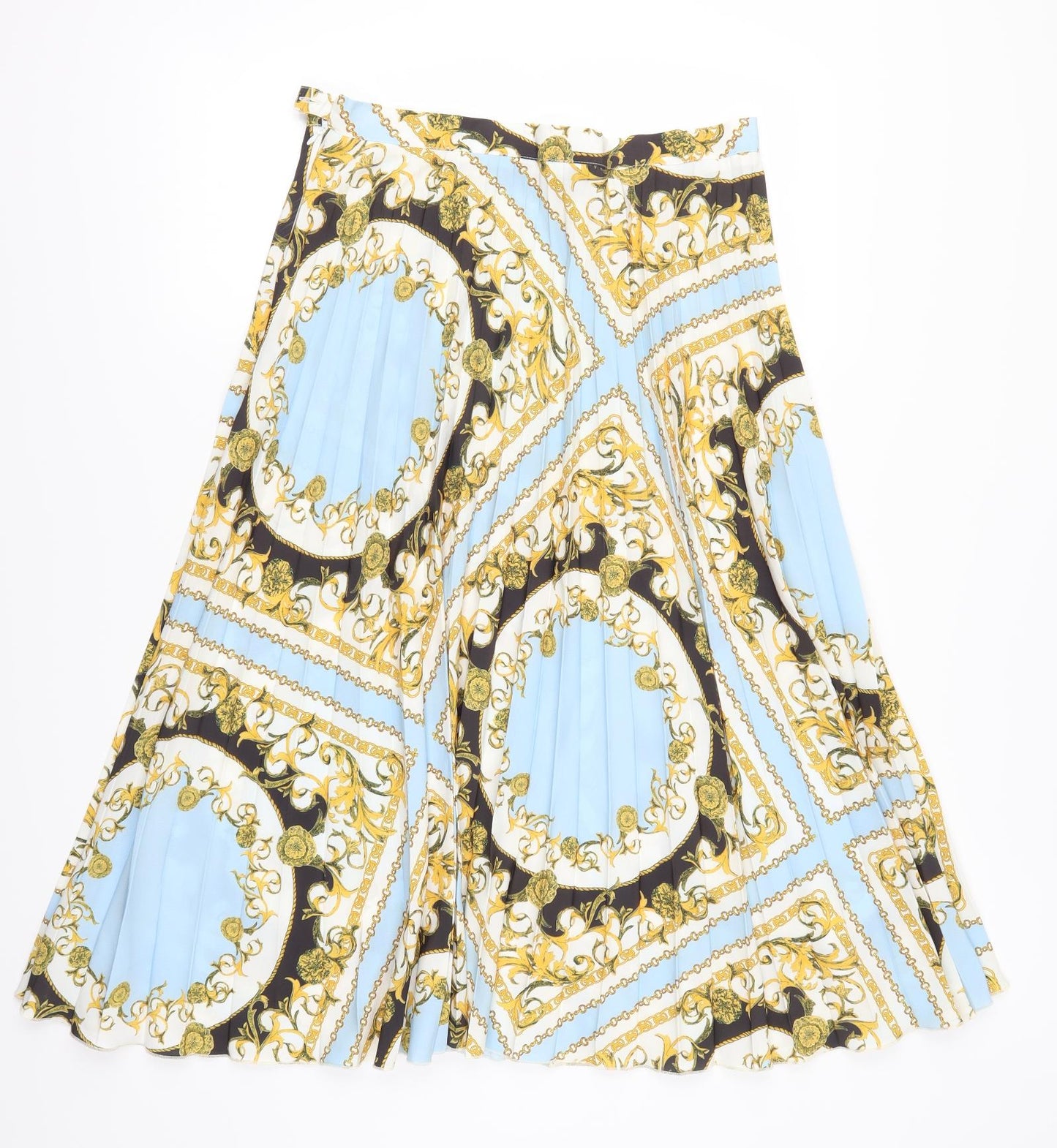 F&F Womens Blue Geometric  Pleated Skirt Size 16  - Gold Circle and Chain Print