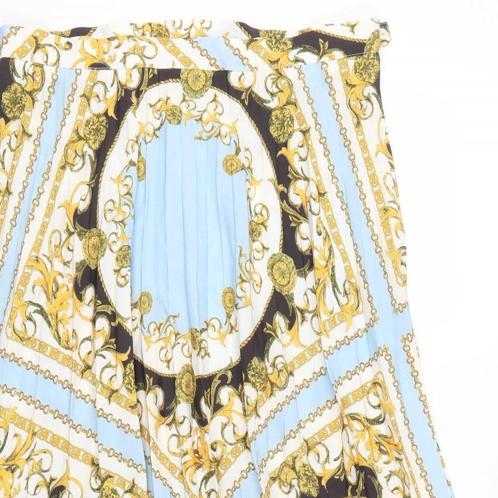 F&F Womens Blue Geometric  Pleated Skirt Size 16  - Gold Circle and Chain Print