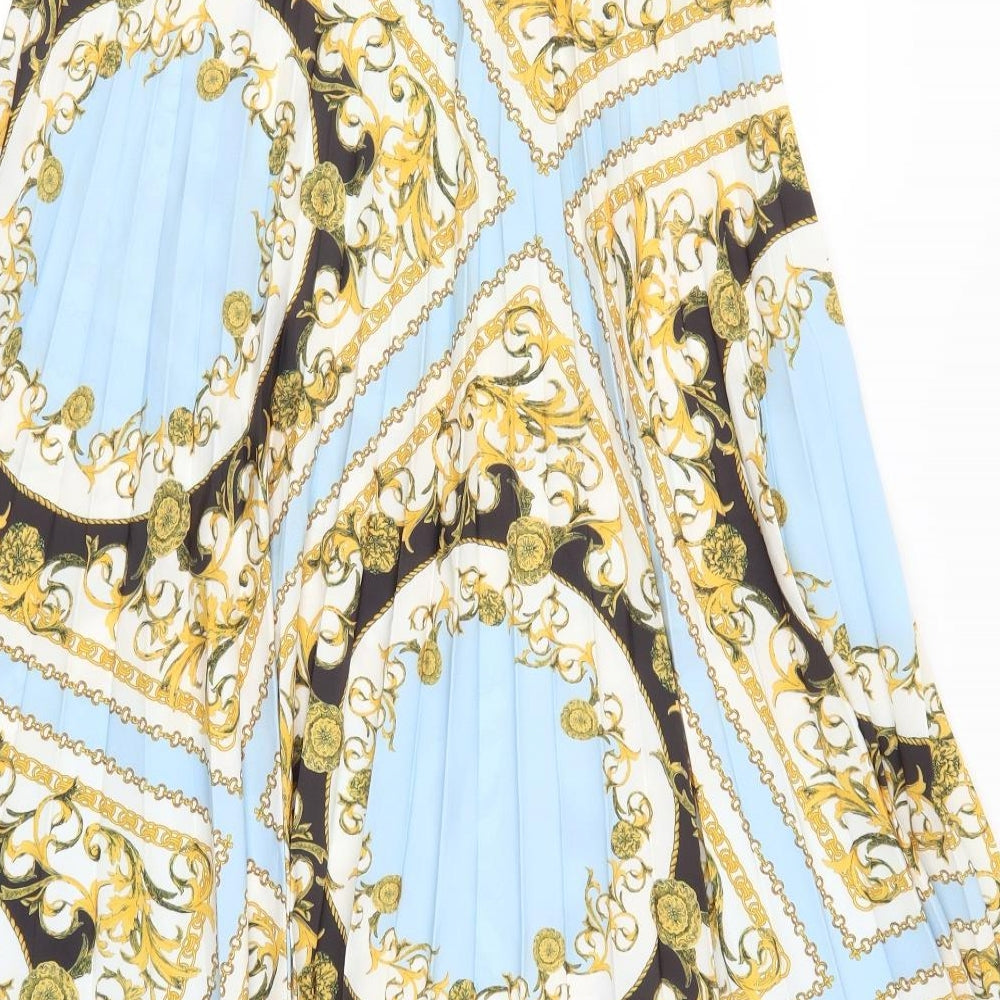 F&F Womens Blue Geometric  Pleated Skirt Size 16  - Gold Circle and Chain Print