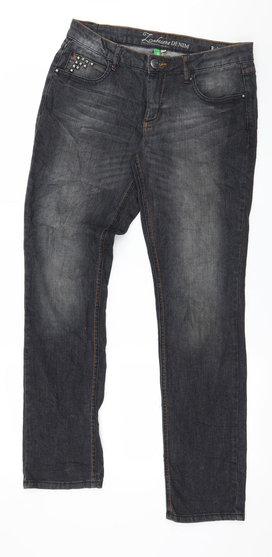 Front view of Zabaione women’s grey denim bootcut jeans, size UK 38, in, 32-inch leg
