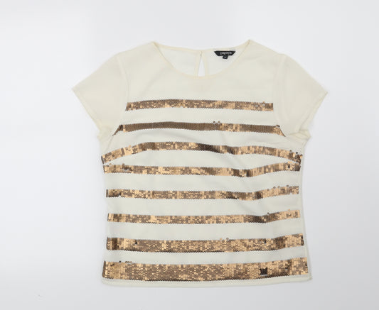 Front view of Papaya women’s beige striped basic blouse, size UK 10