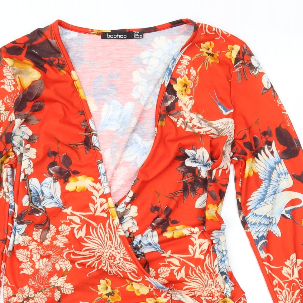 Boohoo Womens Red Floral  Basic Blouse Size 10