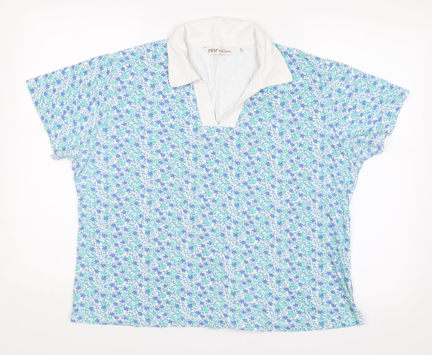 EWM Womens Blue Floral  Basic T-Shirt Size XL
