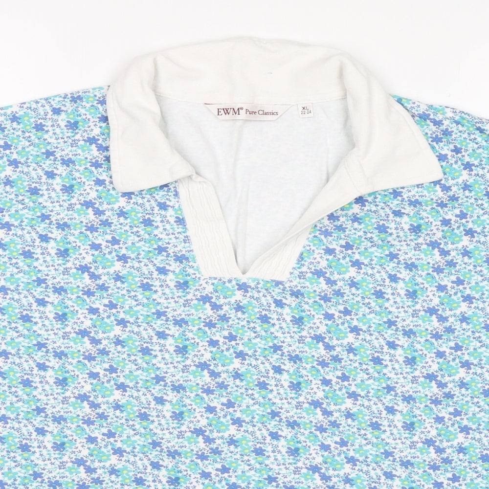 EWM Womens Blue Floral  Basic T-Shirt Size XL