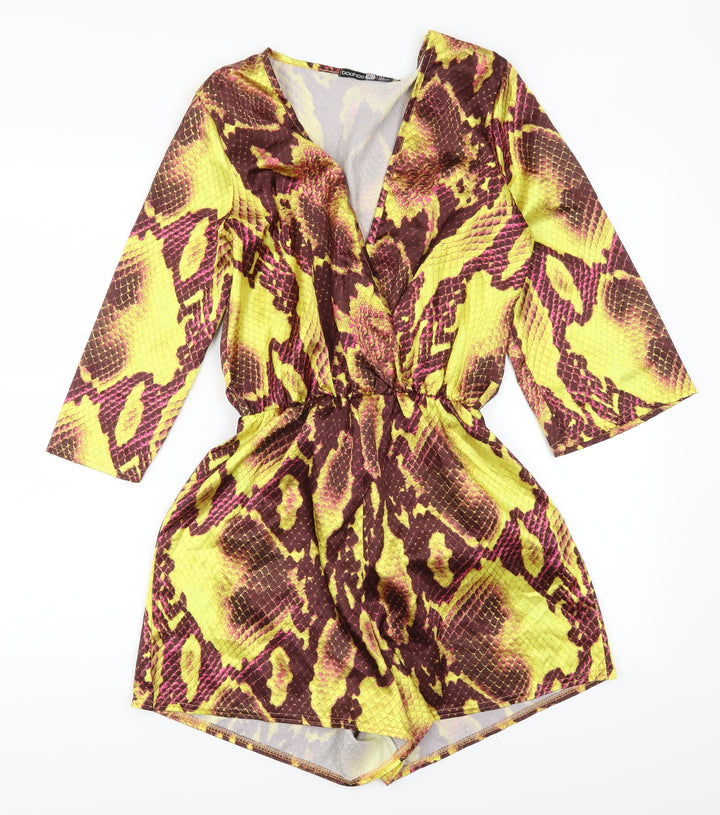 Boohoo Womens Yellow Animal Print Playsuit One-Piece Size 8 L3 in