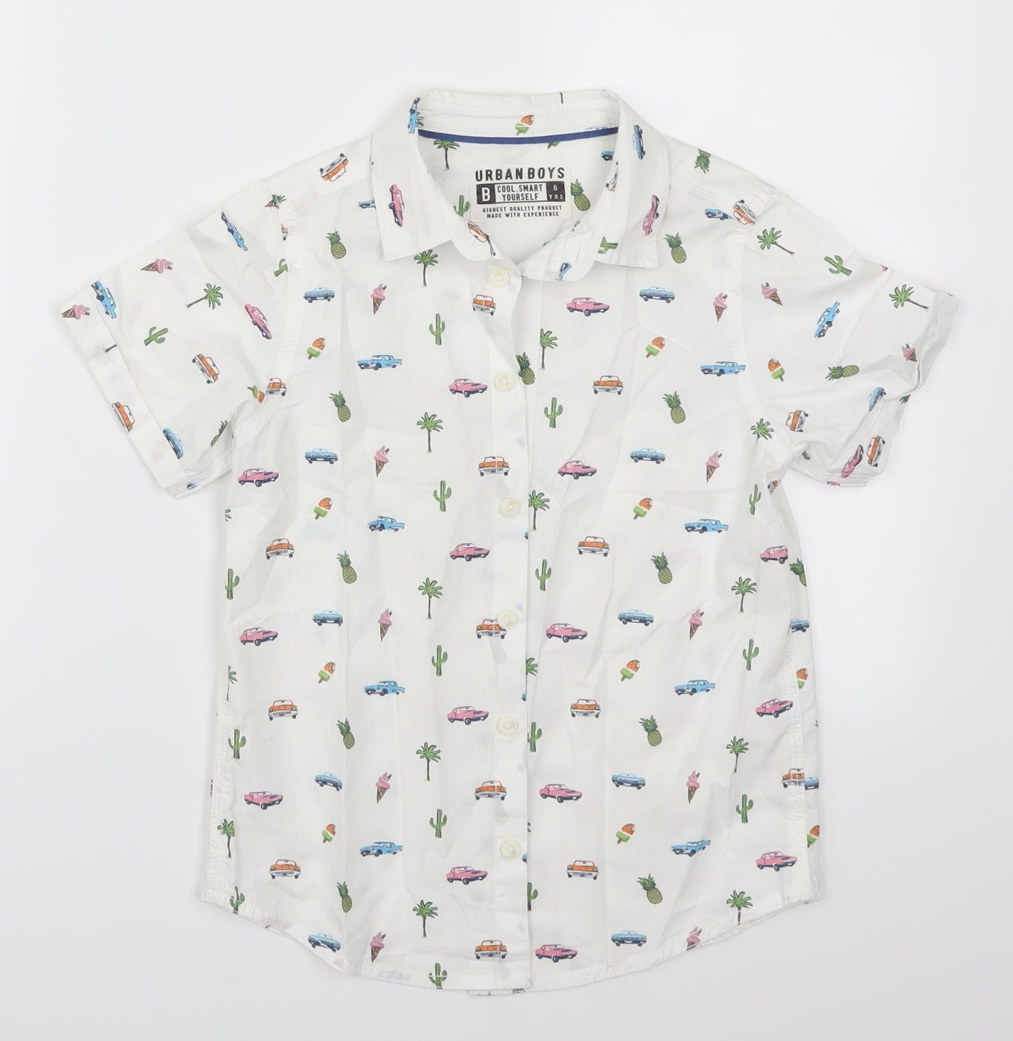 Urban Boys Boys White Geometric  Basic Button-Up Size 8 Years  - Cars and Cactus