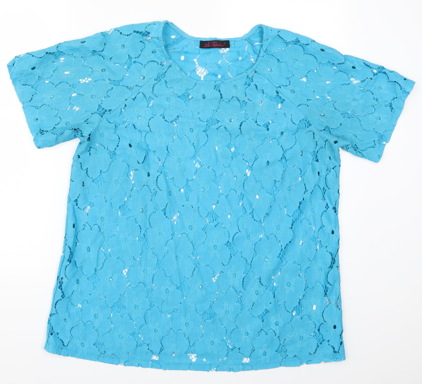 So Fabulous Womens Blue Floral Lace Basic T-Shirt Size 16