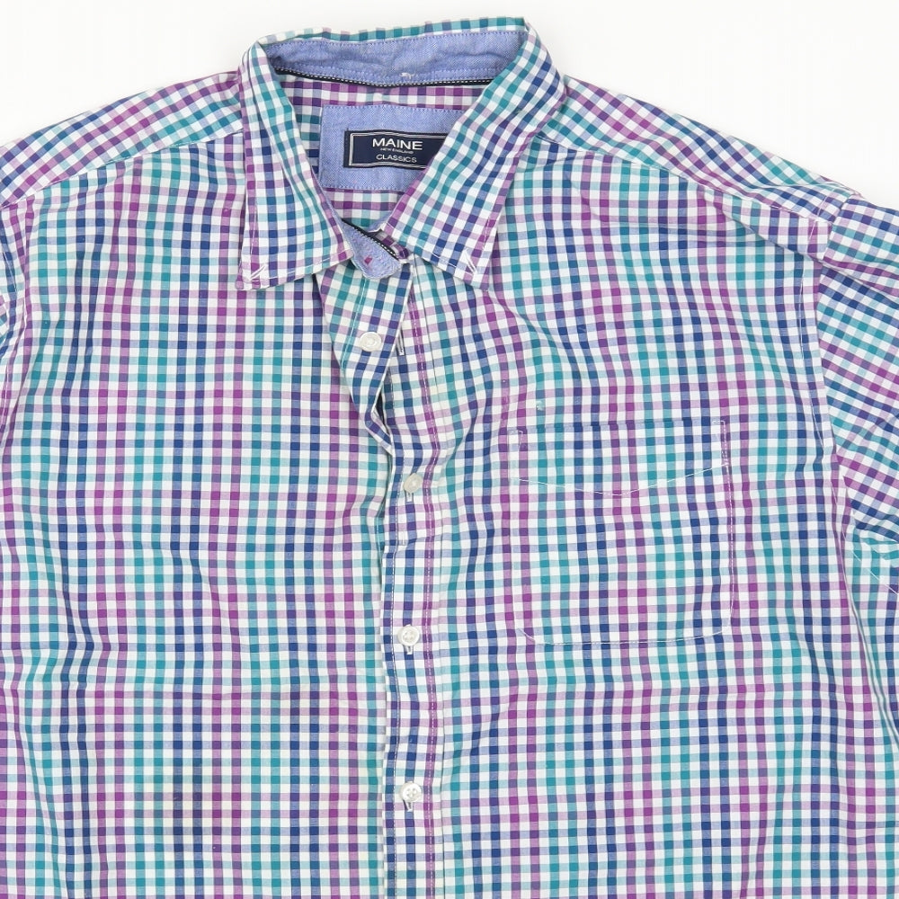 Maine Mens Blue Check   Button-Up Size L  - Purple