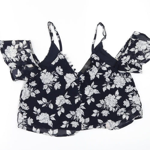 Missguided Womens Blue Floral  Cropped Blouse Size 8  - COLD SHOULDER
