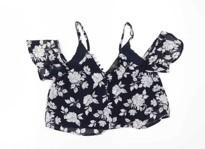 Missguided Womens Blue Floral  Cropped Blouse Size 8  - COLD SHOULDER