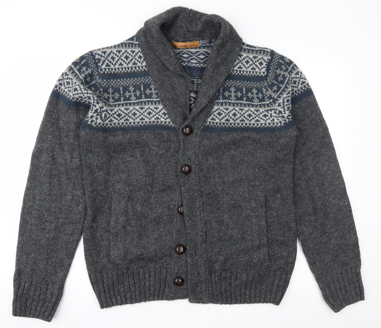 Mundo Mens Grey Fair Isle  Cardigan Jumper Size M