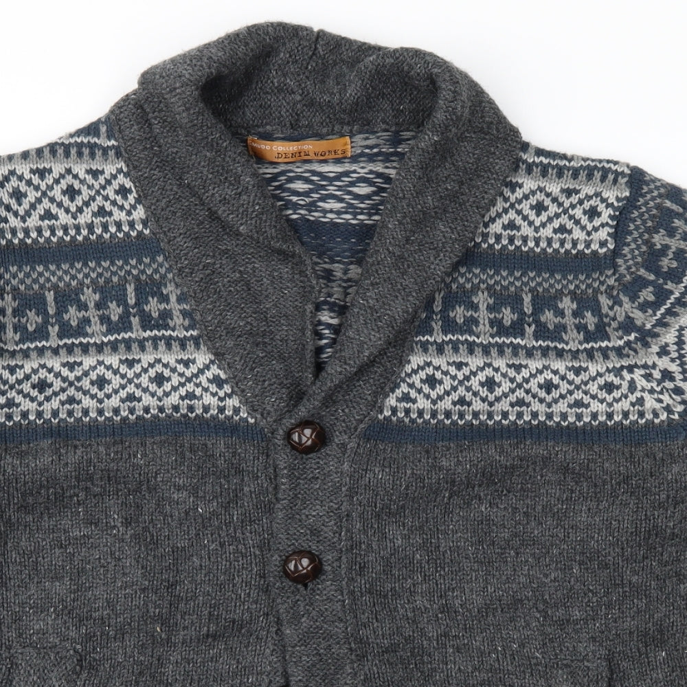 Mundo Mens Grey Fair Isle  Cardigan Jumper Size M