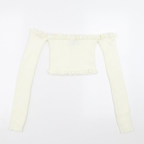 PRETTYLITTLETHING Womens Ivory   Pullover Jumper Size 8  - cropped off the shoulder