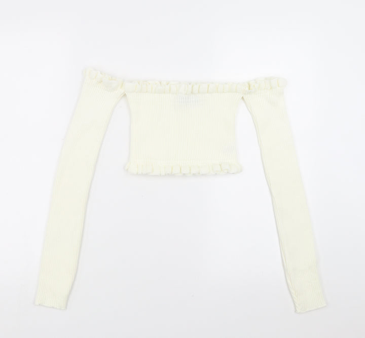 PRETTYLITTLETHING Womens Ivory   Pullover Jumper Size 8  - cropped off the shoulder