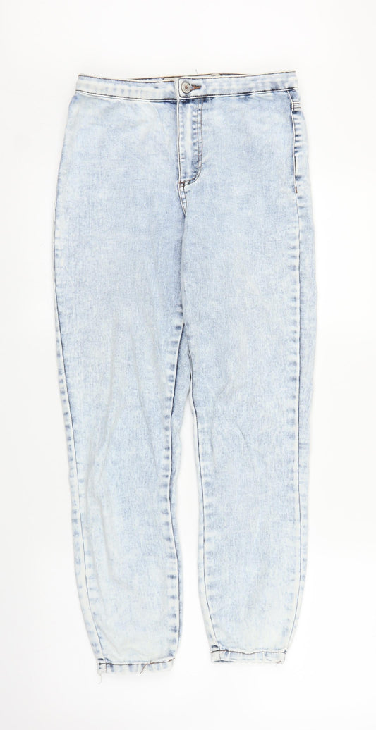 Front view of Primark women’s blue denim mom jeans, size UK 10, 25-inch leg