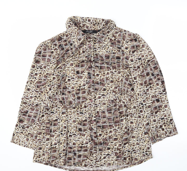 ESSETIALS Womens Brown Animal Print  Basic Button-Up Size M