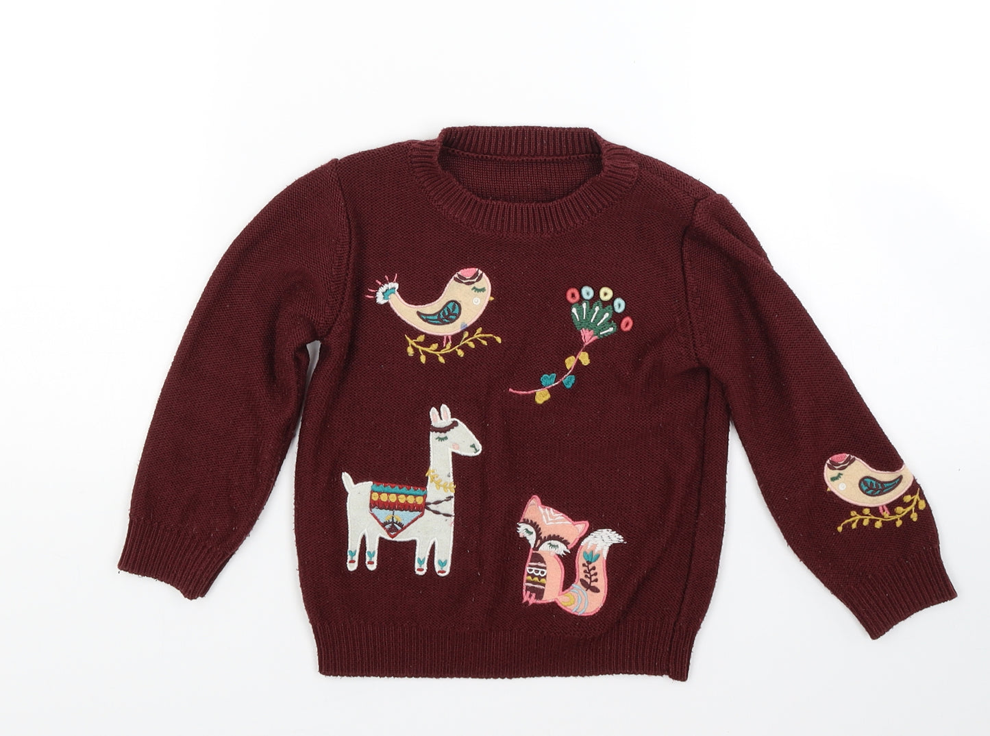 Nut meg Boys Red  Knit Pullover Jumper Size 2-3 Years  - animal embroidery