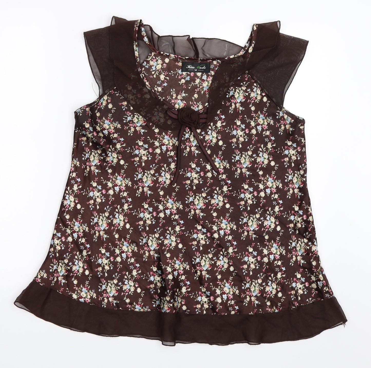 Kiss Mode Womens Brown Floral  Basic Blouse Size M