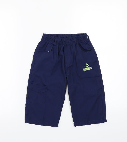 Front view of L&Q boys’ blue capri trousers, size 8, years