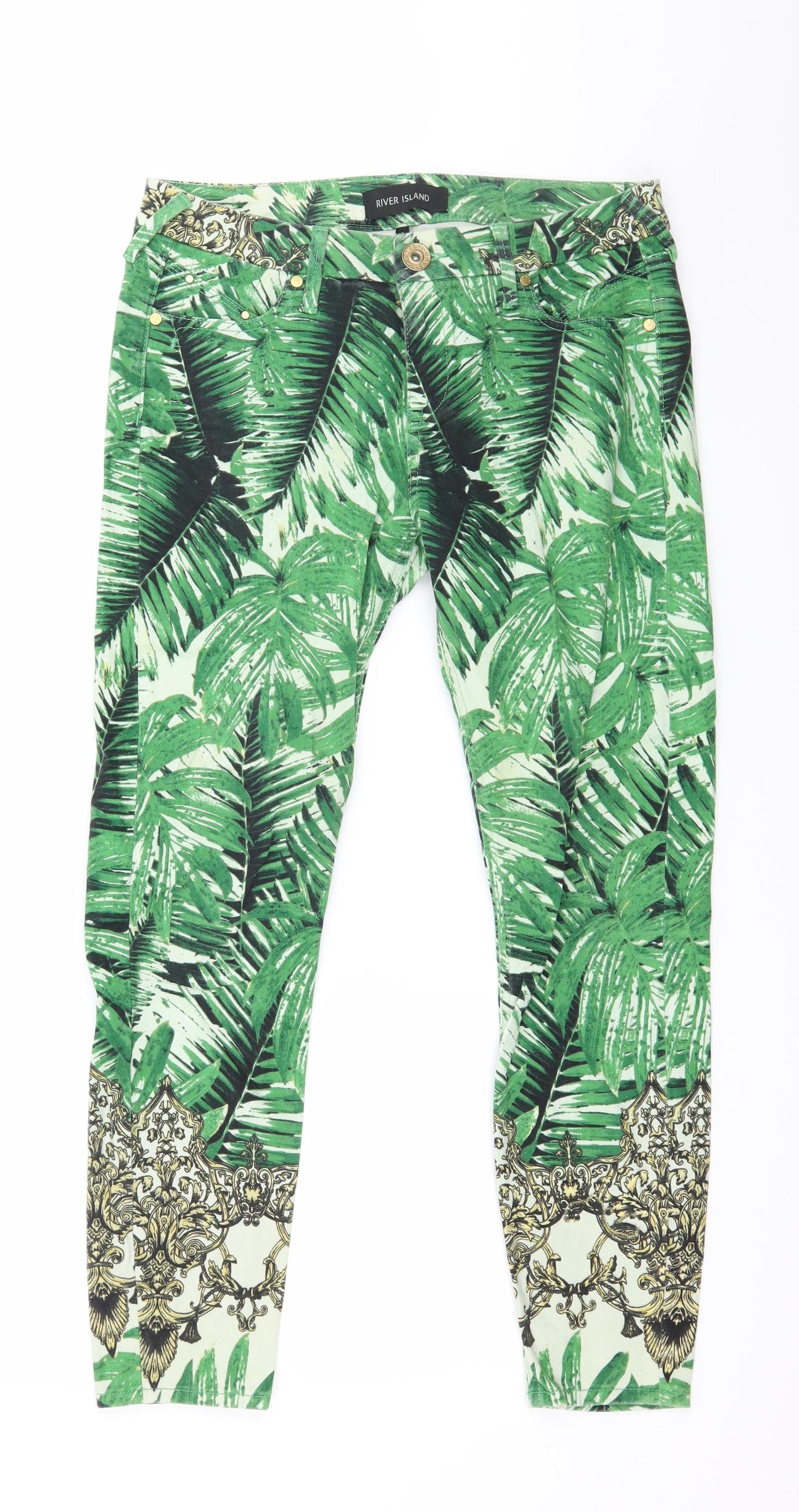 River Island Womens Green Geometric Denim Skinny Jeans Size 12 L27 in - Palm Leaves