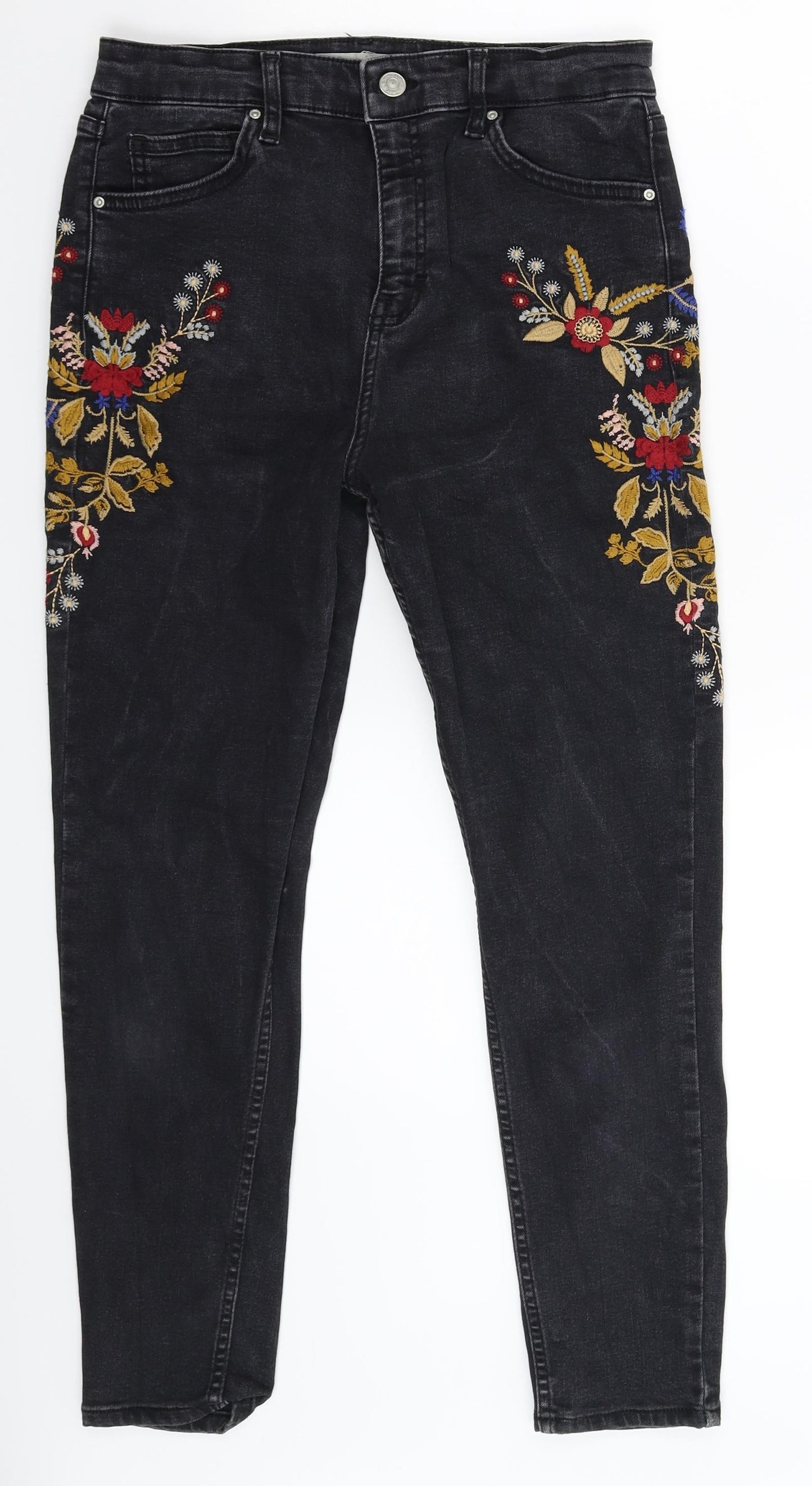 Topshop Womens Black Floral Denim Skinny Jeans Size 32 in L26 in