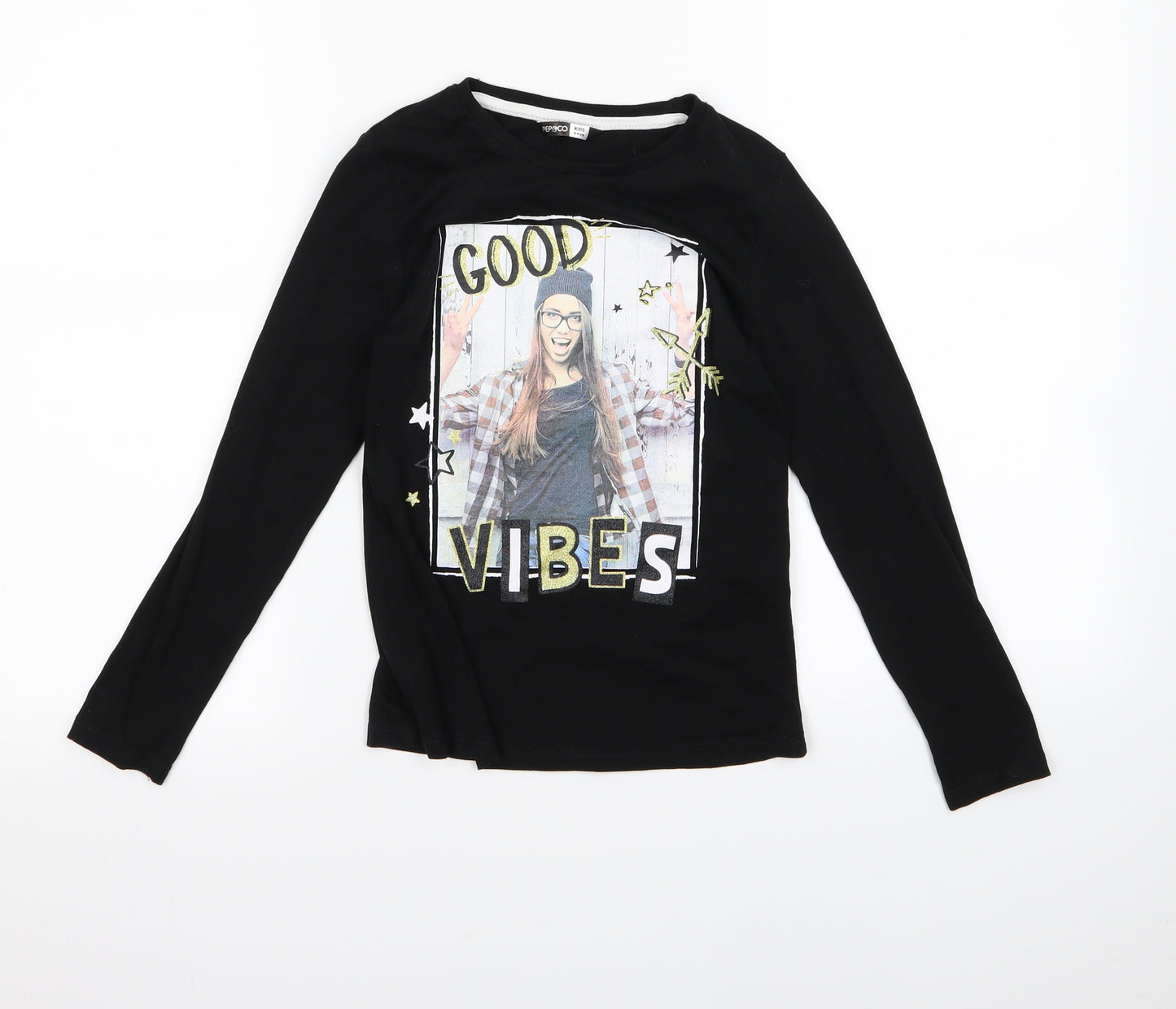 pep co Girls Black   Basic T-Shirt Size 8 Years  - good vibes