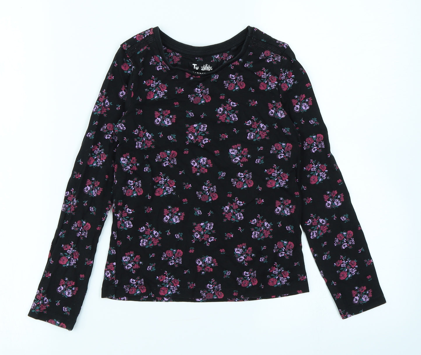 TU Girls Black Floral  Basic T-Shirt Size 7 Years