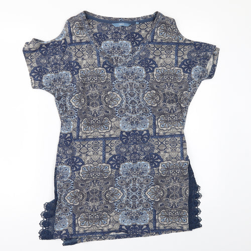 NEXT Womens Blue Geometric  Basic T-Shirt Size 6  - COLD SHOULDER
