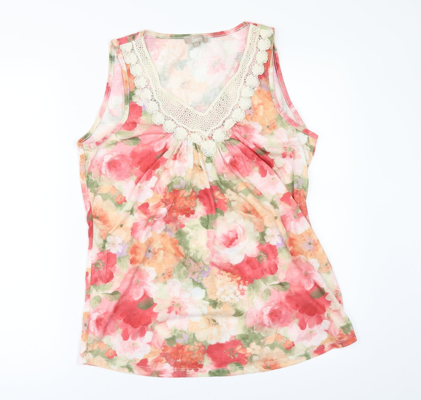 Soon Womens Orange Floral  Basic T-Shirt Size 14