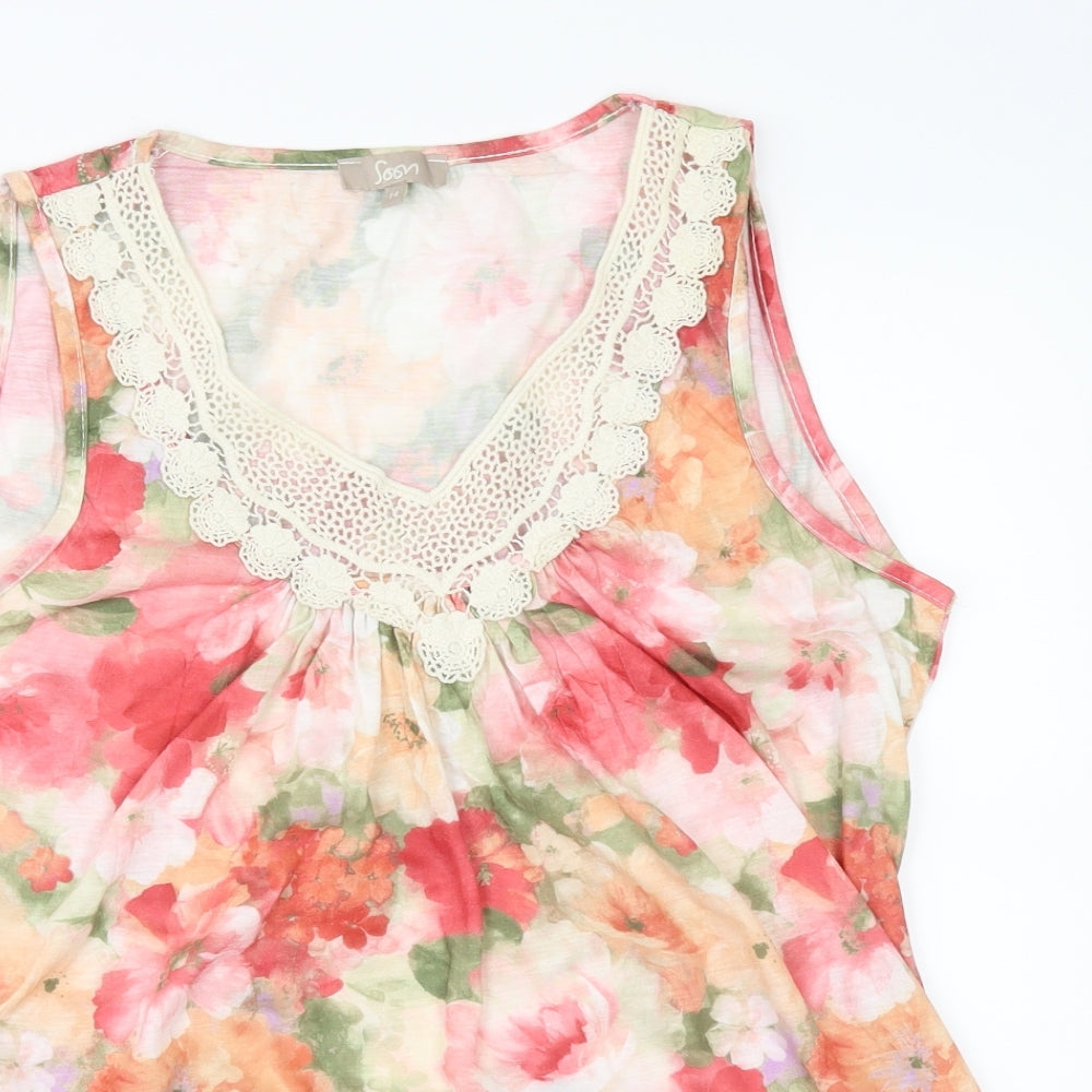 Soon Womens Orange Floral  Basic T-Shirt Size 14