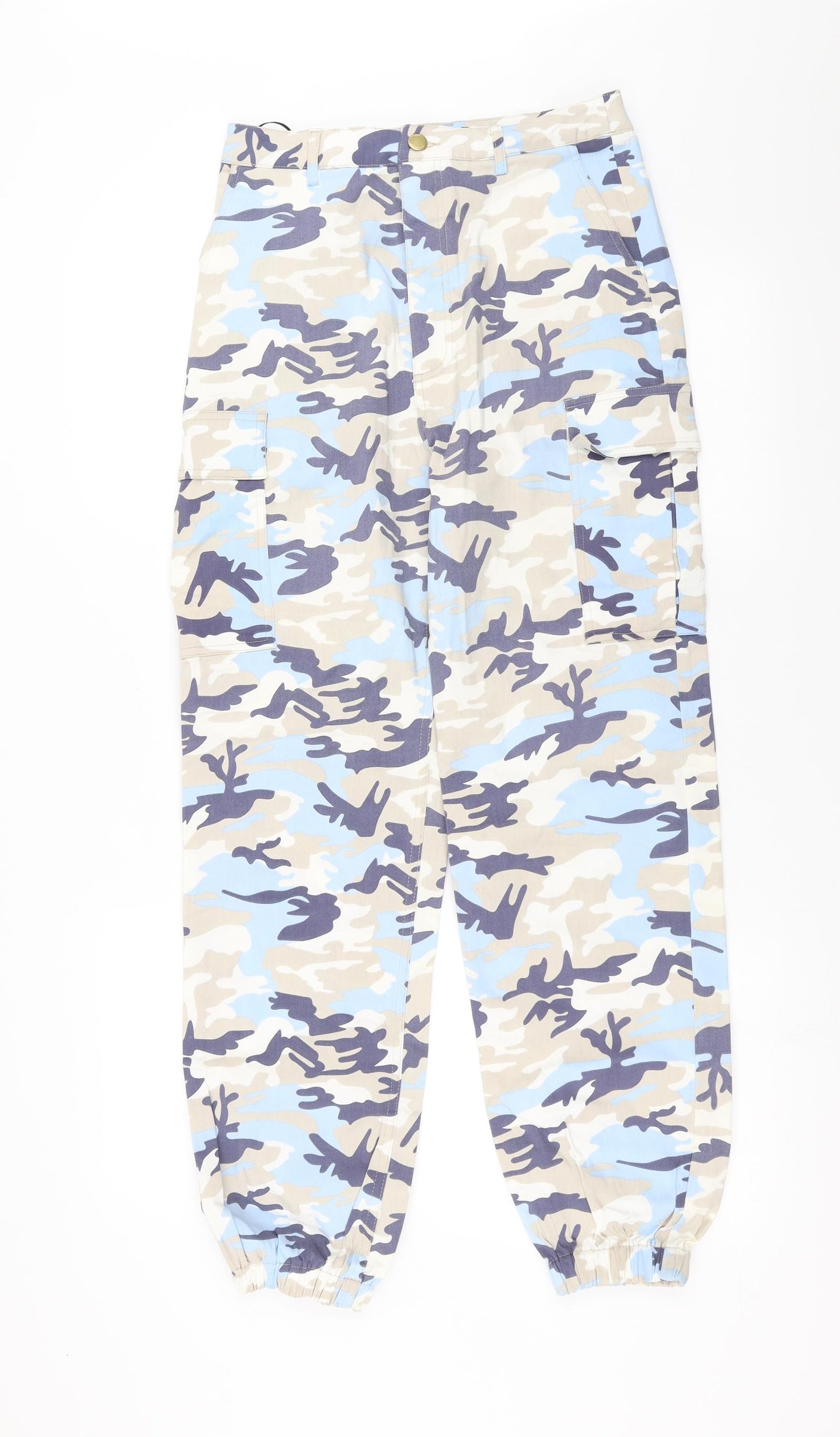 PRETTYLITTLETHING Womens Blue Camouflage  Cargo Trousers Size 8 L28 in