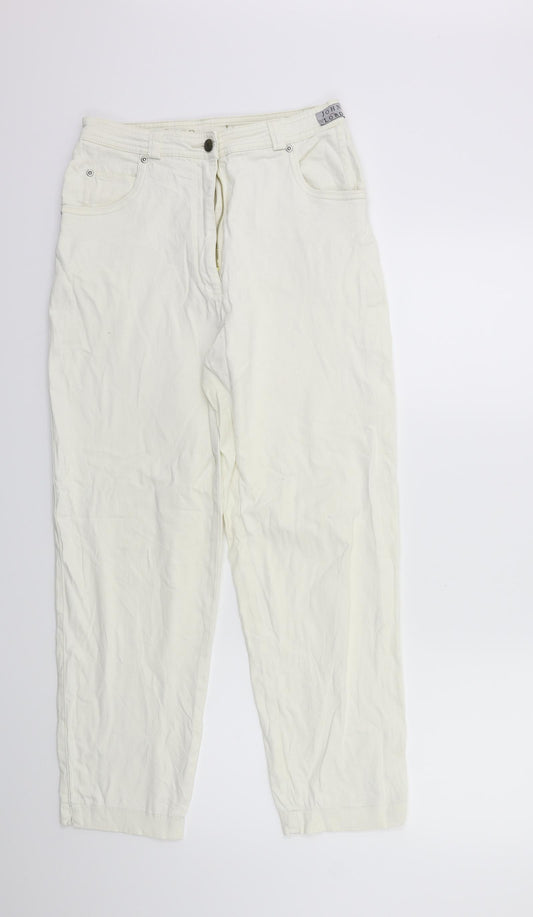 Front view of John Lewis women’s white denim mom jeans, size UK 28, in, 27-inch leg