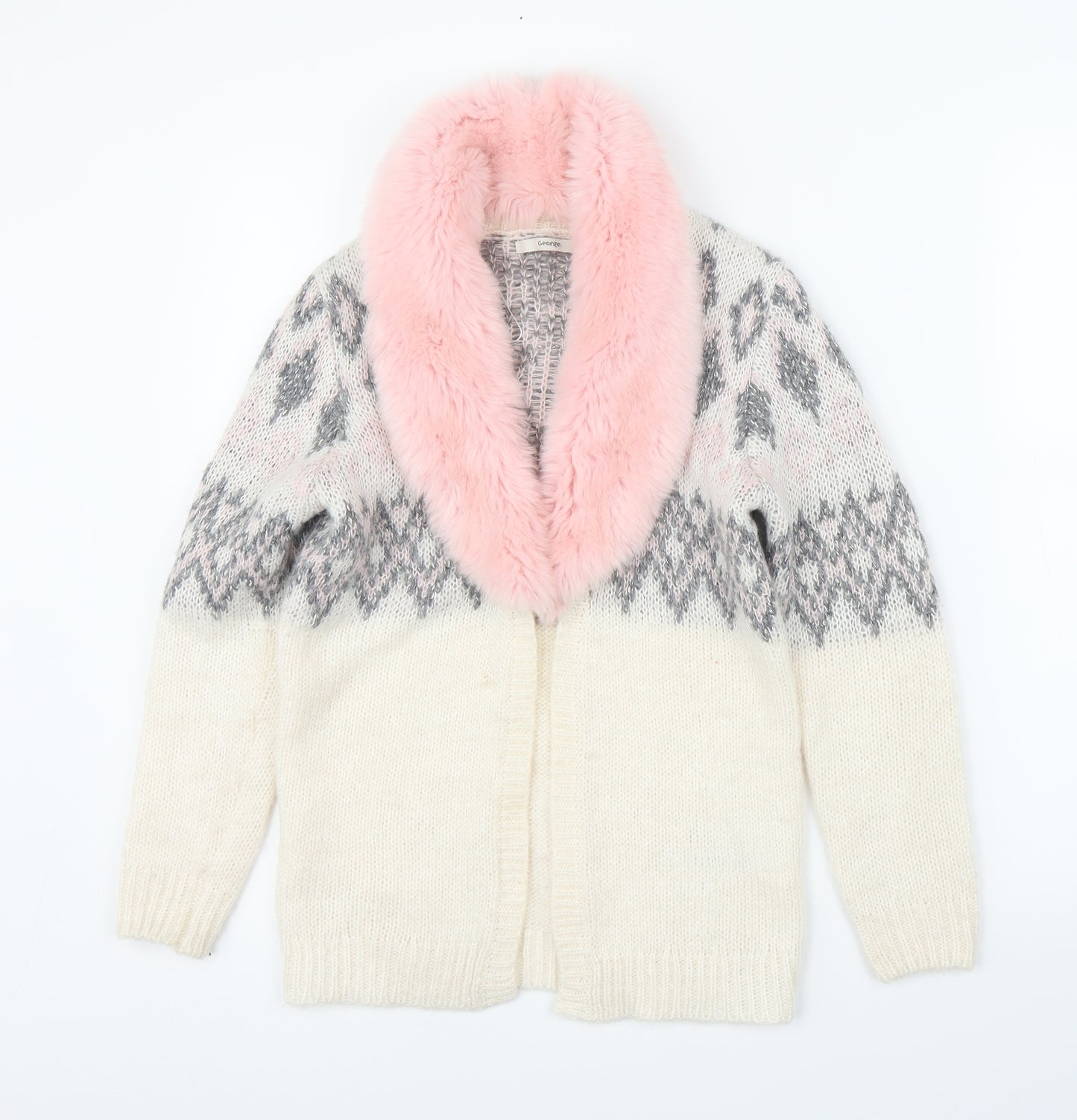 George Girls Beige Fair Isle  Cardigan Jumper Size 10-11 Years  - Fluffy Collar