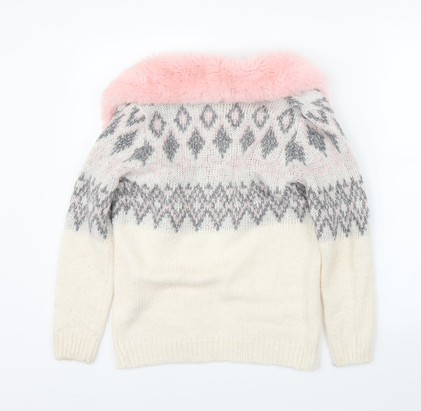 George Girls Beige Fair Isle  Cardigan Jumper Size 10-11 Years  - Fluffy Collar