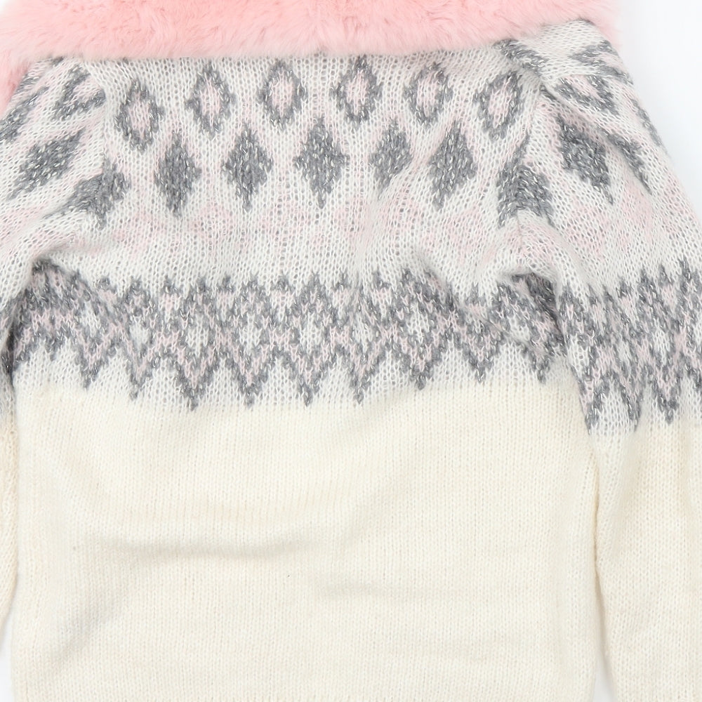 George Girls Beige Fair Isle  Cardigan Jumper Size 10-11 Years  - Fluffy Collar
