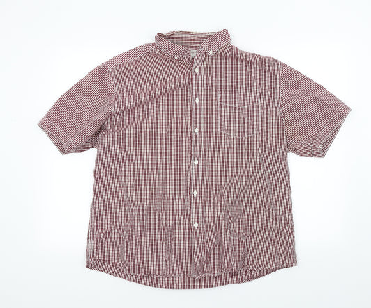 Front view of Authentic men’s red check button-up, size L