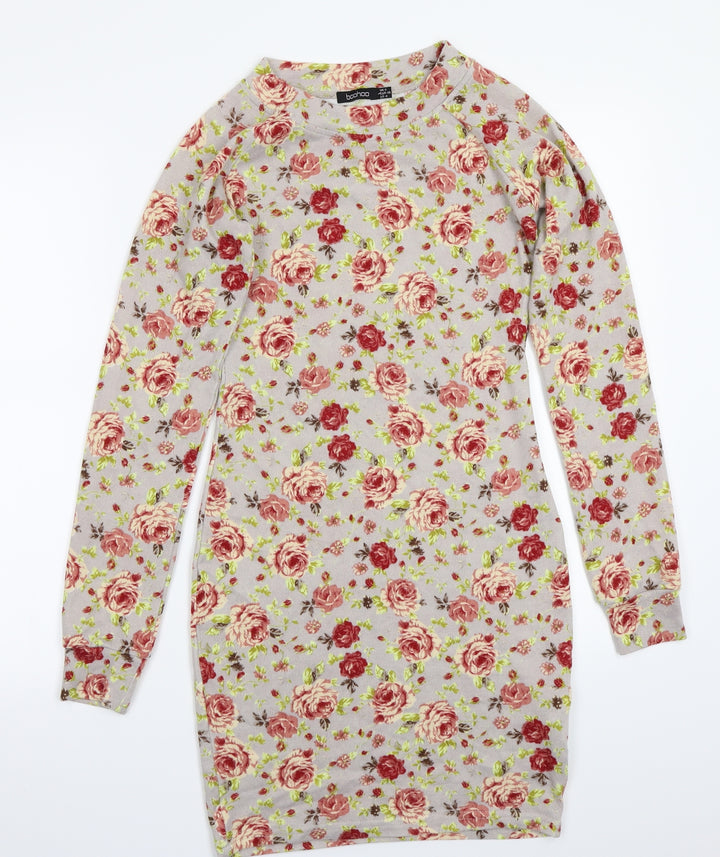 Boohoo Womens Grey Floral Rayon A-Line Size 8