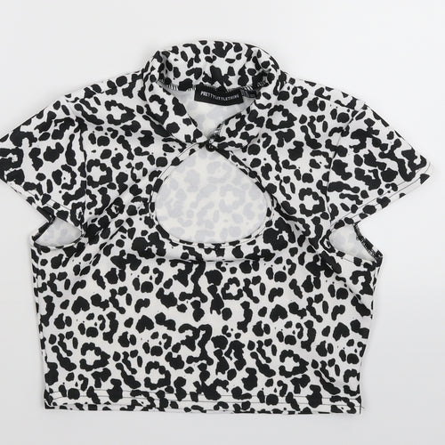 PRETTYLITTLETHING Womens White Animal Print  Cropped T-Shirt Size 8